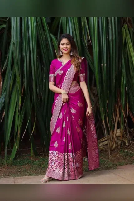 Pink Color Silk With Flower Design & Rich Pallu Saree.